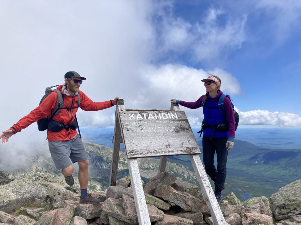 Jeff & Carolyn celebrating the end of the Appalachian Trail on Mount Katahdin