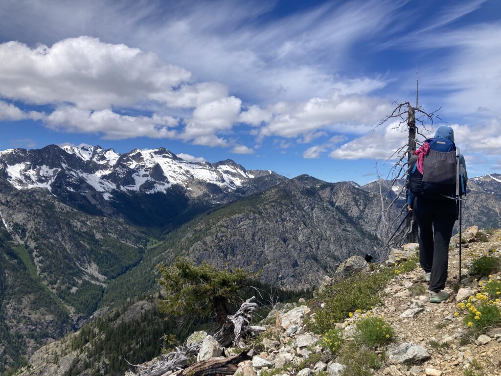 Carolyn hiking with a view of Robinson Mountain in the Pasayten Wilderness