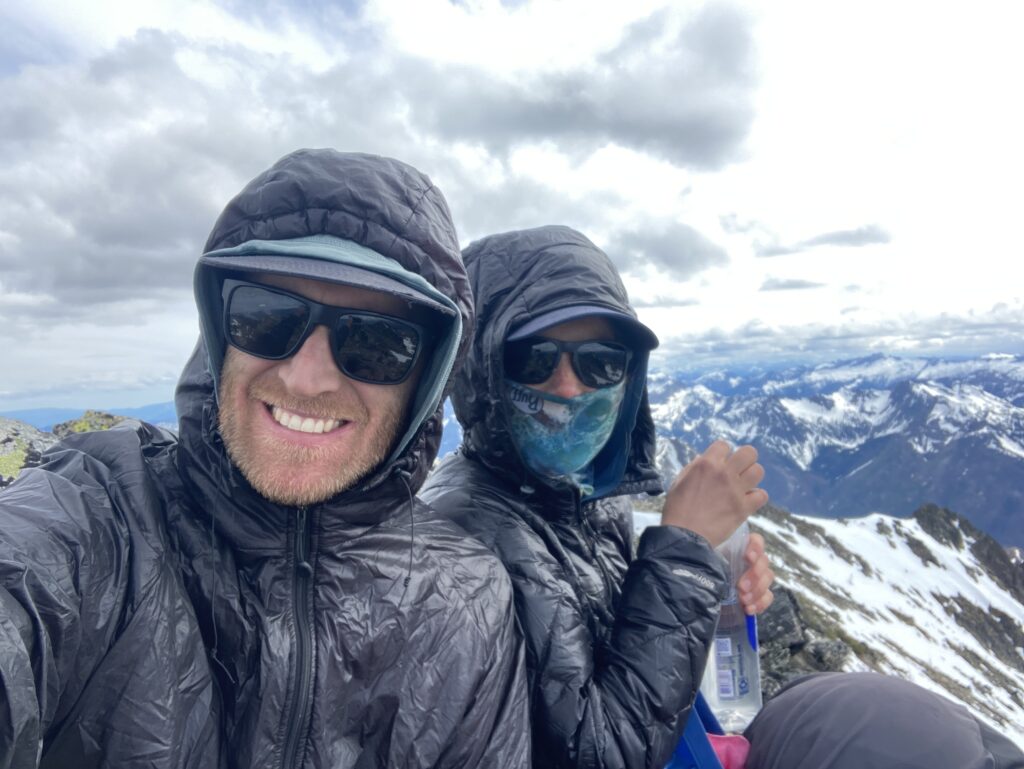 Jeff and Carolyn selfie on top of Pinnacle Peak in the Cascades of Washington