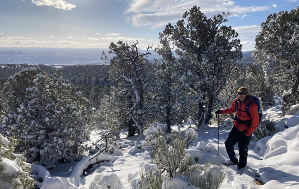 Jeff hiking through snow on the Kaibab Plateau jst after the Arizona Trail terminus