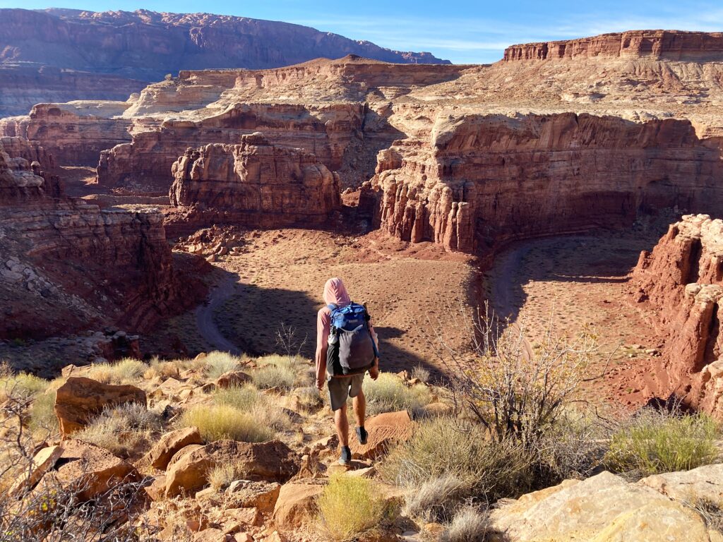 Jeff descending into Fiddlers Cove Canyon on the Hayduke Trail