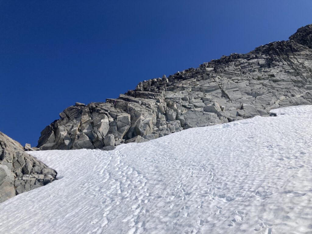 Looking up at the first pitch of the route up Klawatti Peak in the North Cascades of Washington state