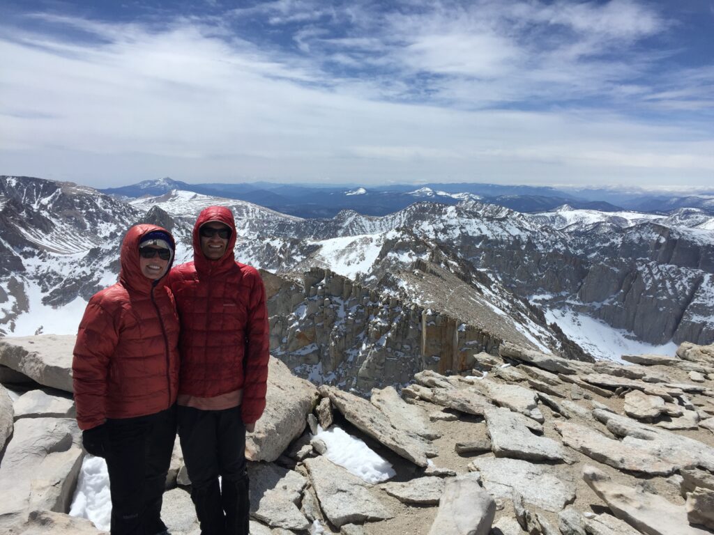 Jeff and Carolyn at the summit of Mount Whitney at the end of the Lowest to Highest Route