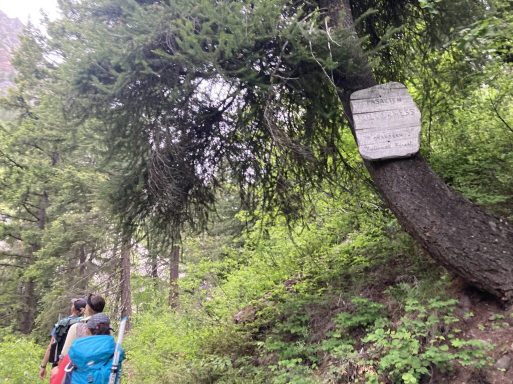 Hikers cross the Pasayten Wilderness boundary towards Robinson Mountain