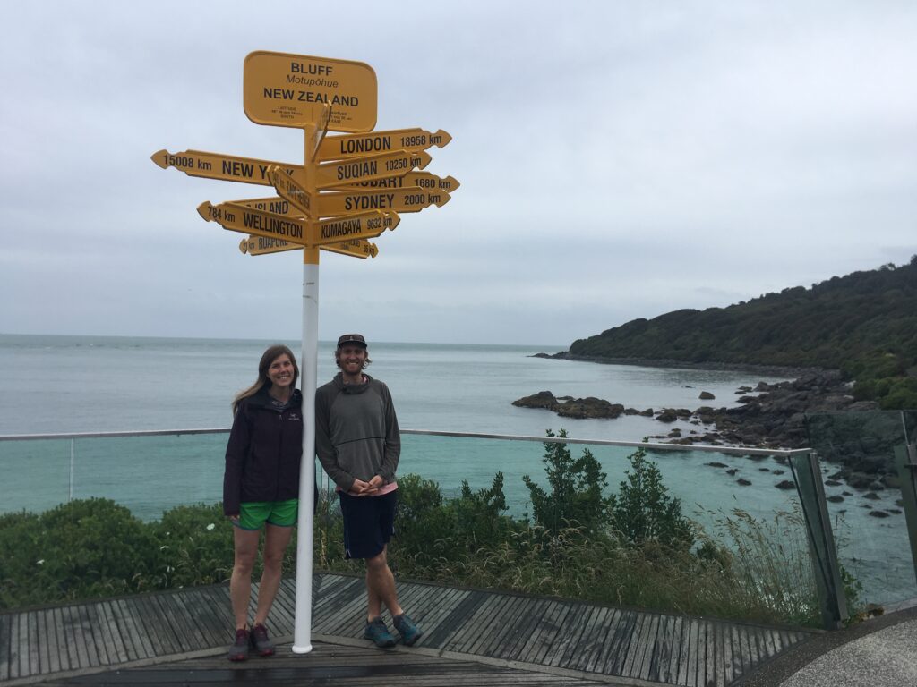 Jeff and Carolyn at the beginning of the Te Araroa trail in Bluff