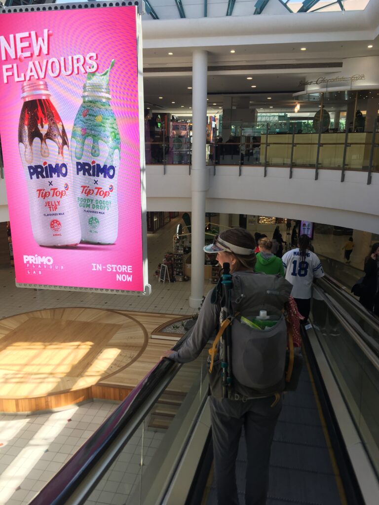 Walking through a mall on the Te Araroa trail