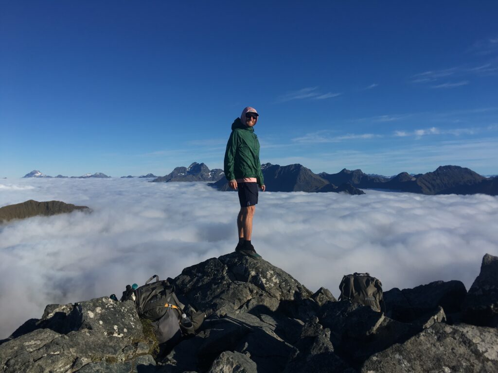 Hiking above the cloud line on the Kepler Track in Fiordland