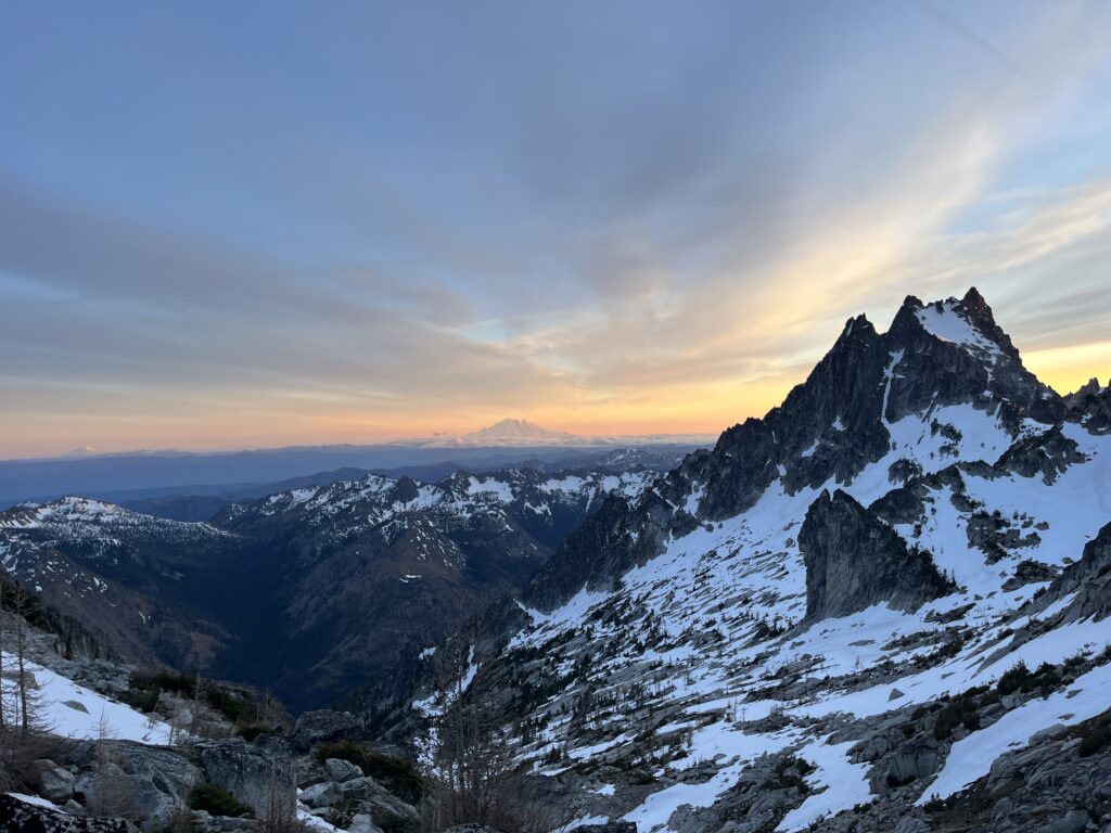 Sunset over Argonaut Peak while camping below Banshee Pass, Colchuck Peak and Pandora's Box
