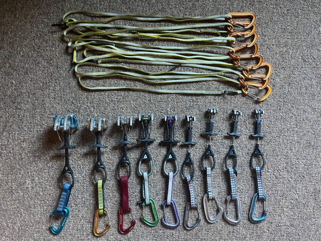 Climbing protection that was carried up Sherpa Peak in the Alpine Lakes Wilderness