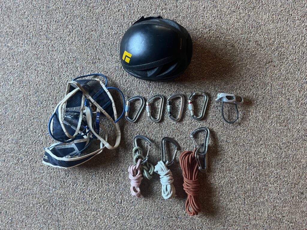 Climbing gear that was carried on a harness up Sherpa Peak in the Alpine Lakes Wilderness