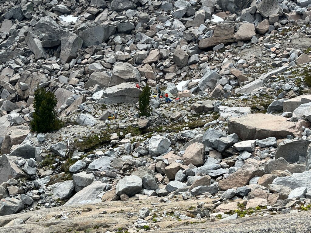 Picture of the 6400 foot camp from above while camped below Sherpa Peak in the Alpine Lakes Wilderness