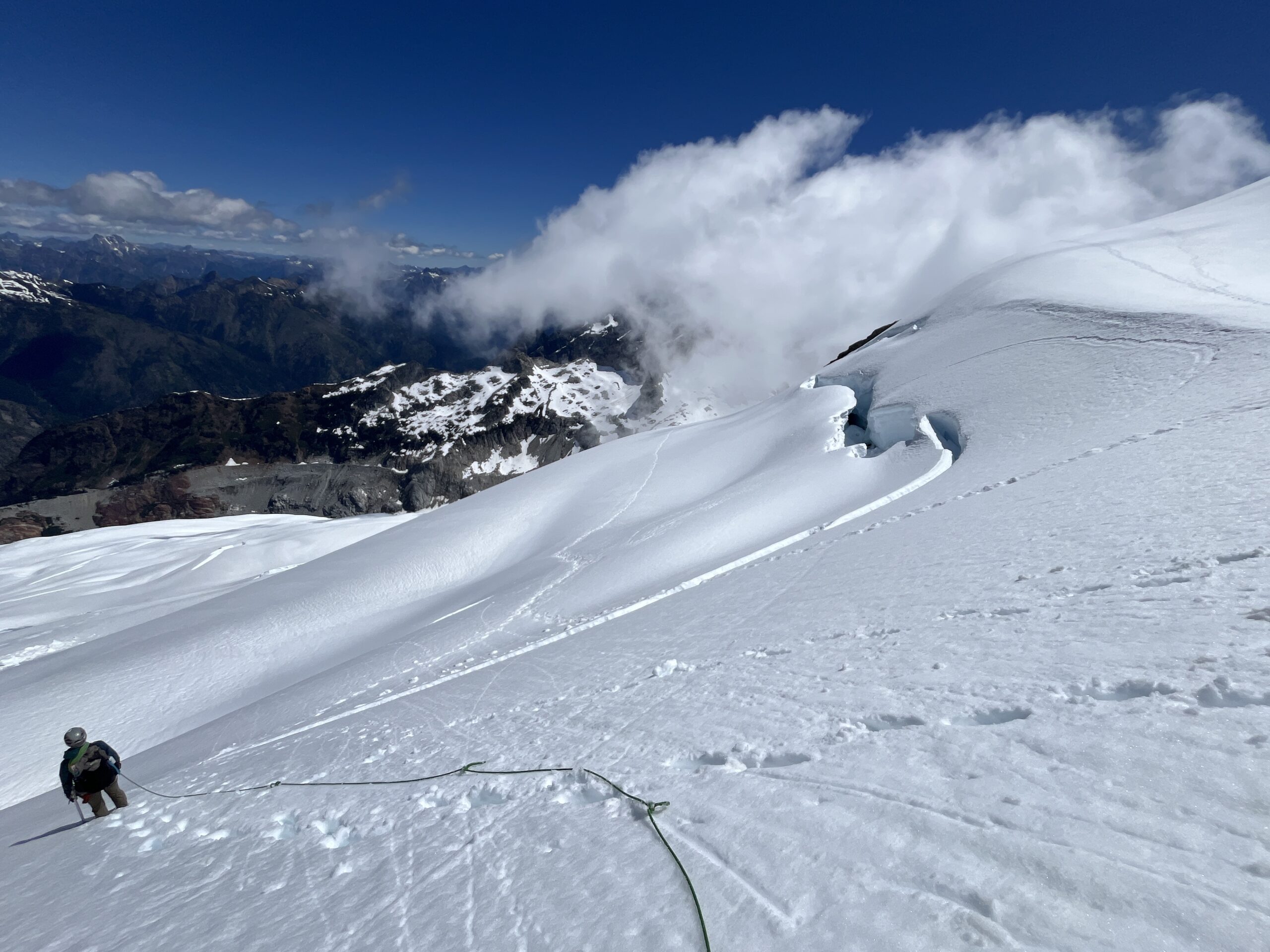 Crevasse that poses risk when dropping onto Chikamin Glacier from Dome Col