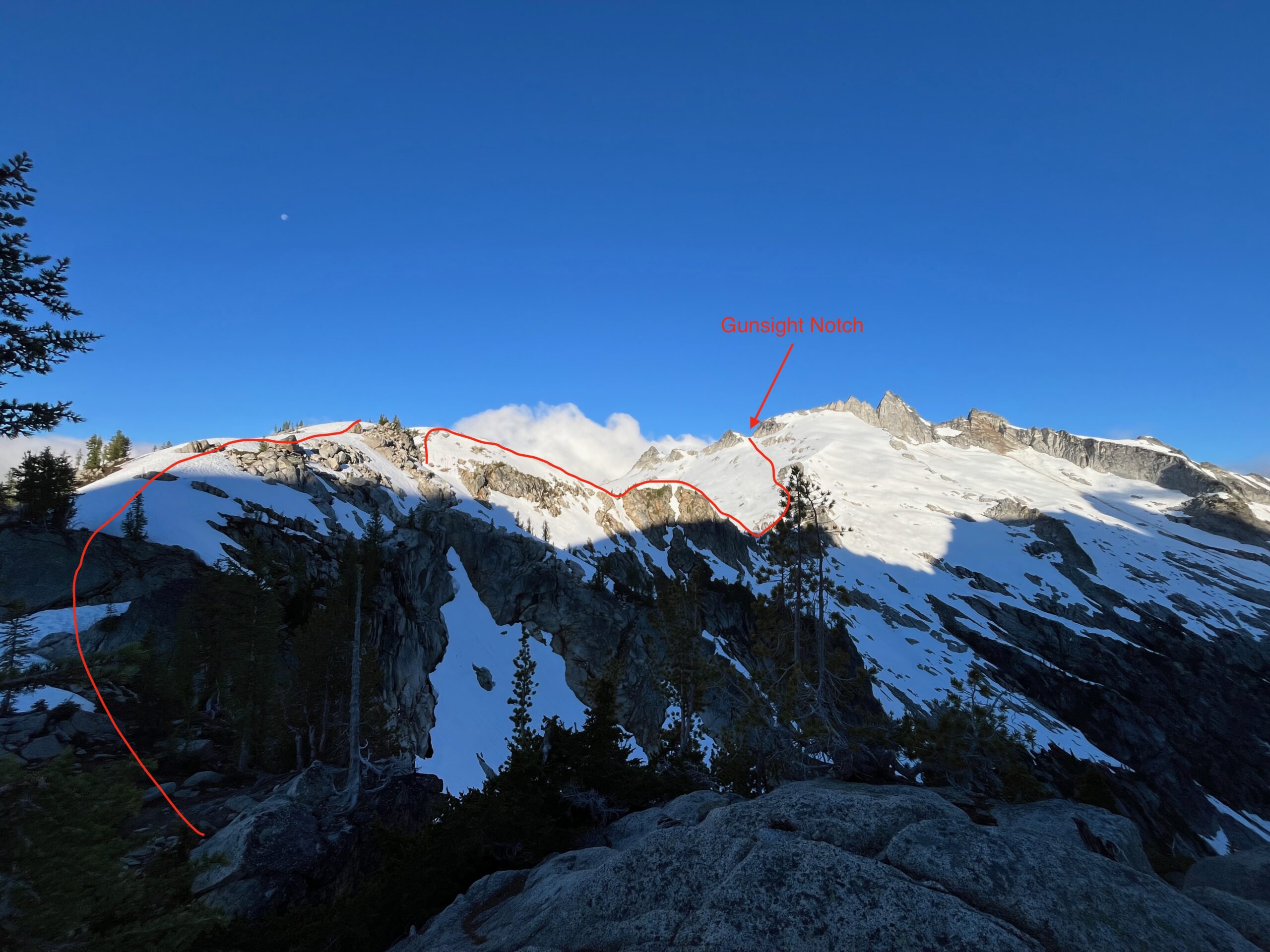 Picture with a line drawn to mark the route to Gunsight Notch in the Glacier Peak Wilderness of the Cascades