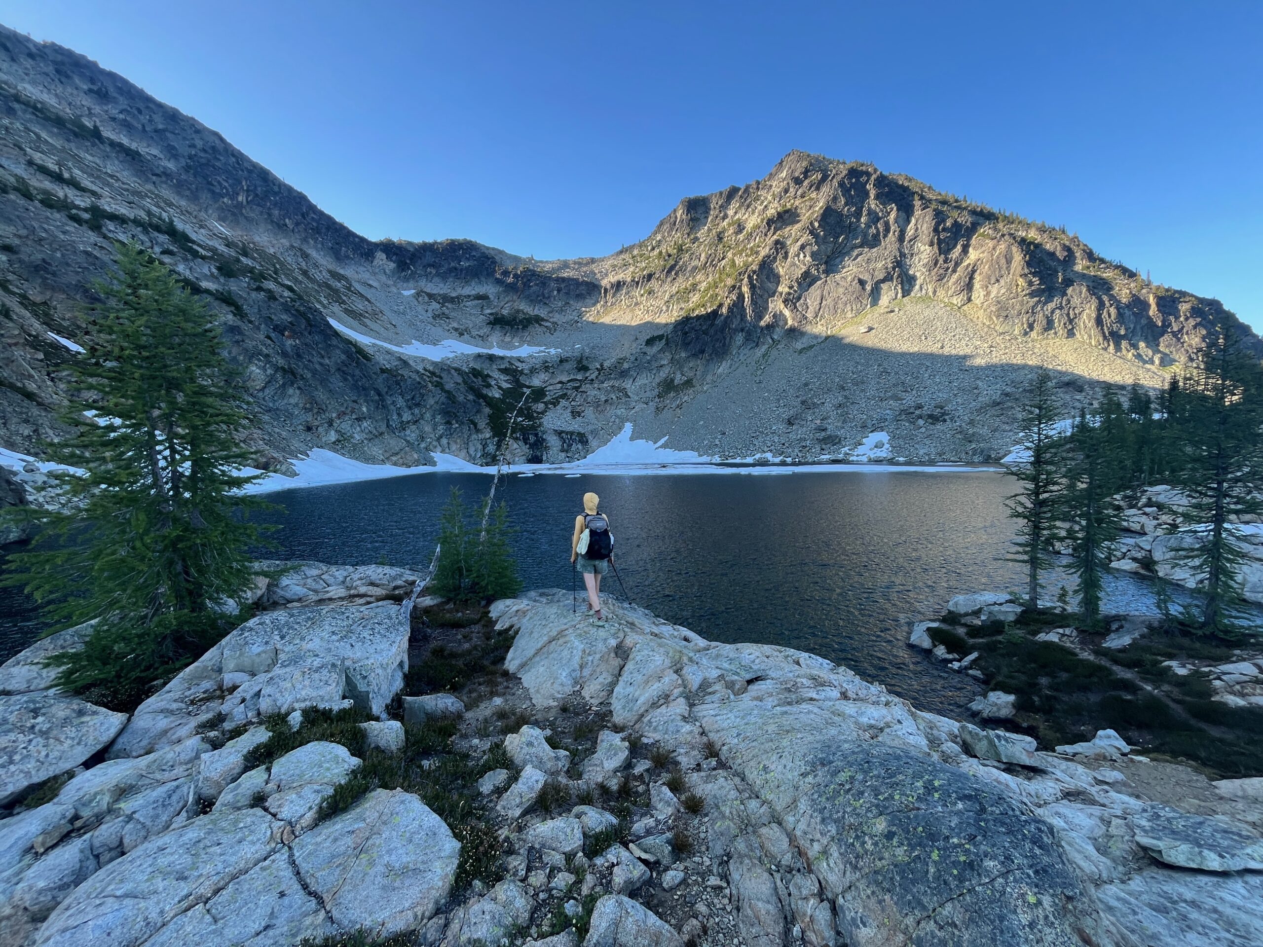 Carolyn standing next to Stiletto Lake in the North Cascades of Washington