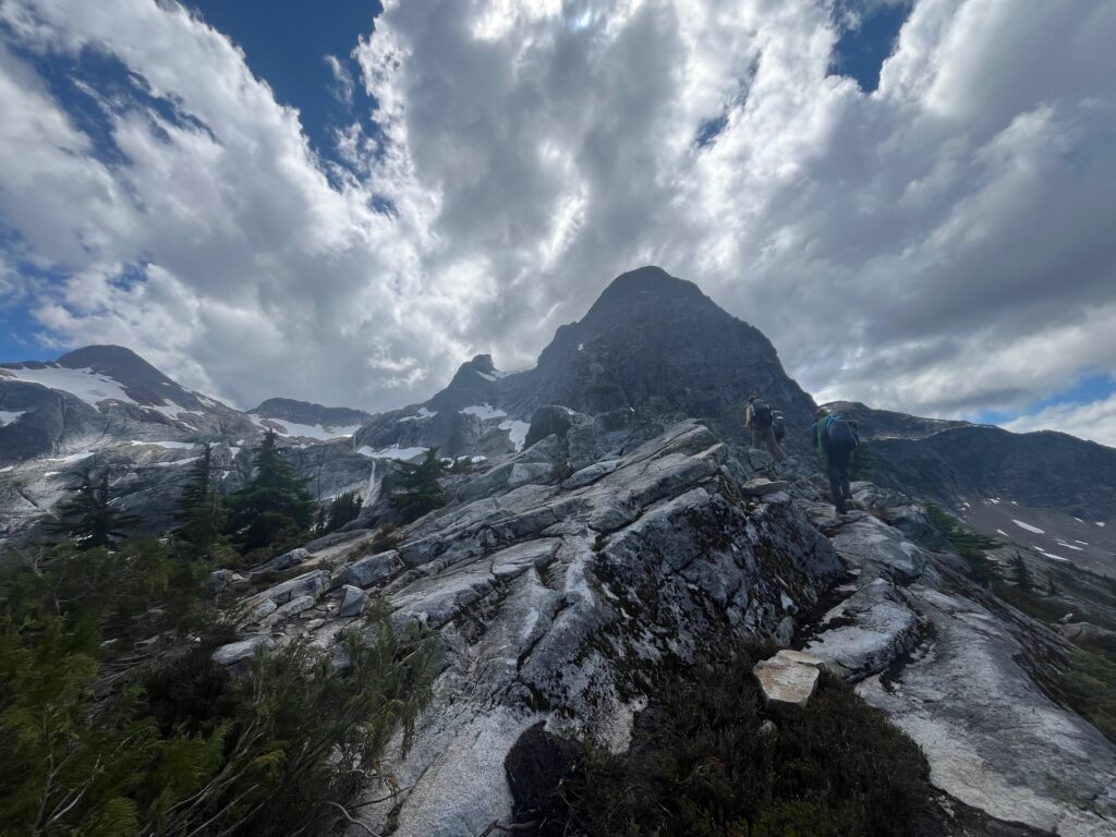 View of Pyramid Peak from the Pyramid Lake climbers trail towards snowfield peak in the North Cascades of Washington State