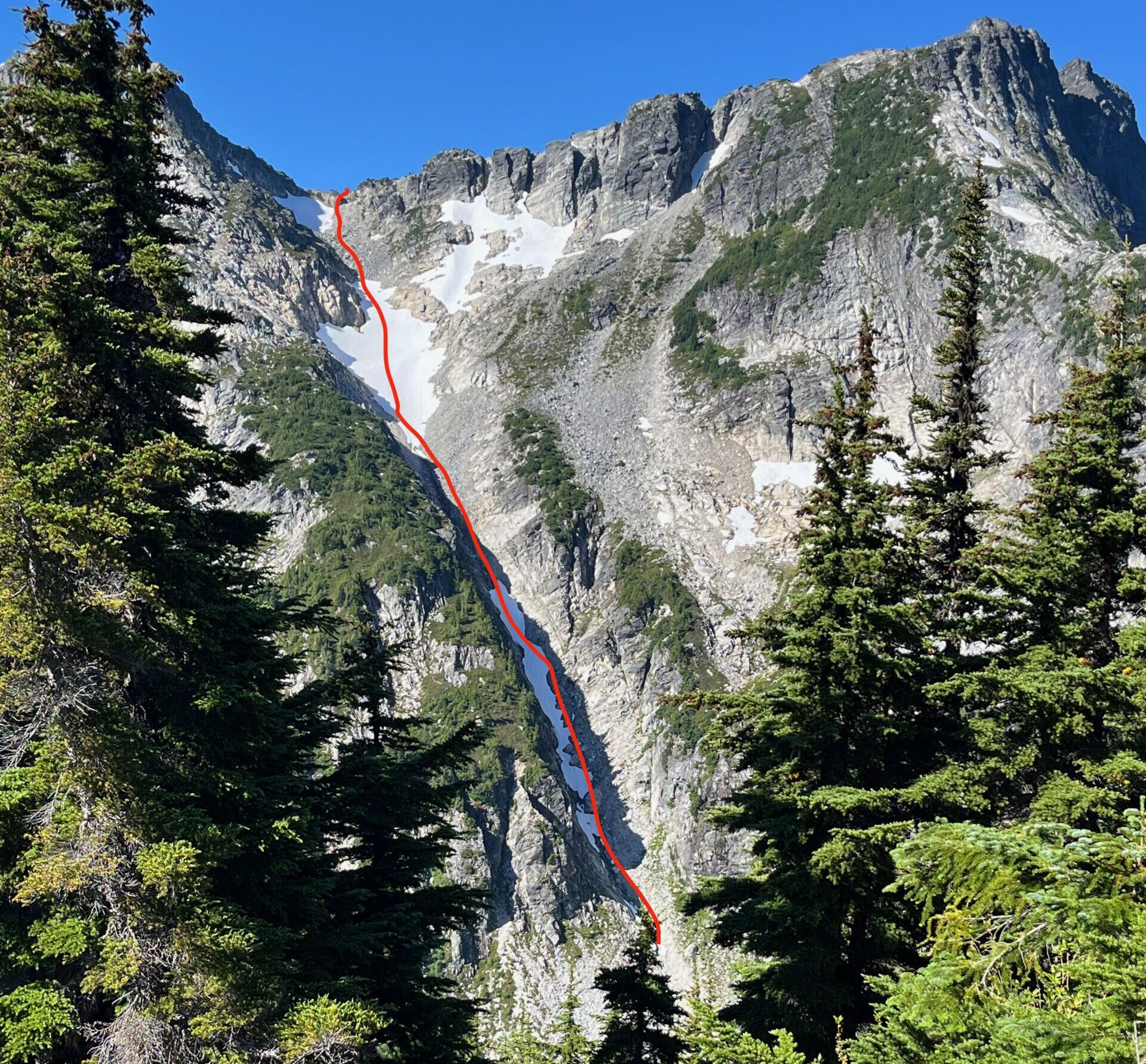 Isolation Traverse's steep snow gully in the North Cascades of Washington State