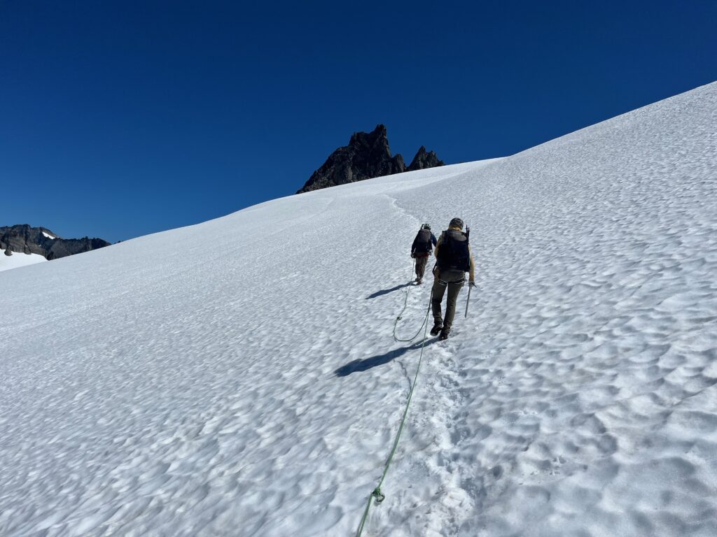 Traveling along the McAllister Glacier on the Isolation Traverse in the North Cascades