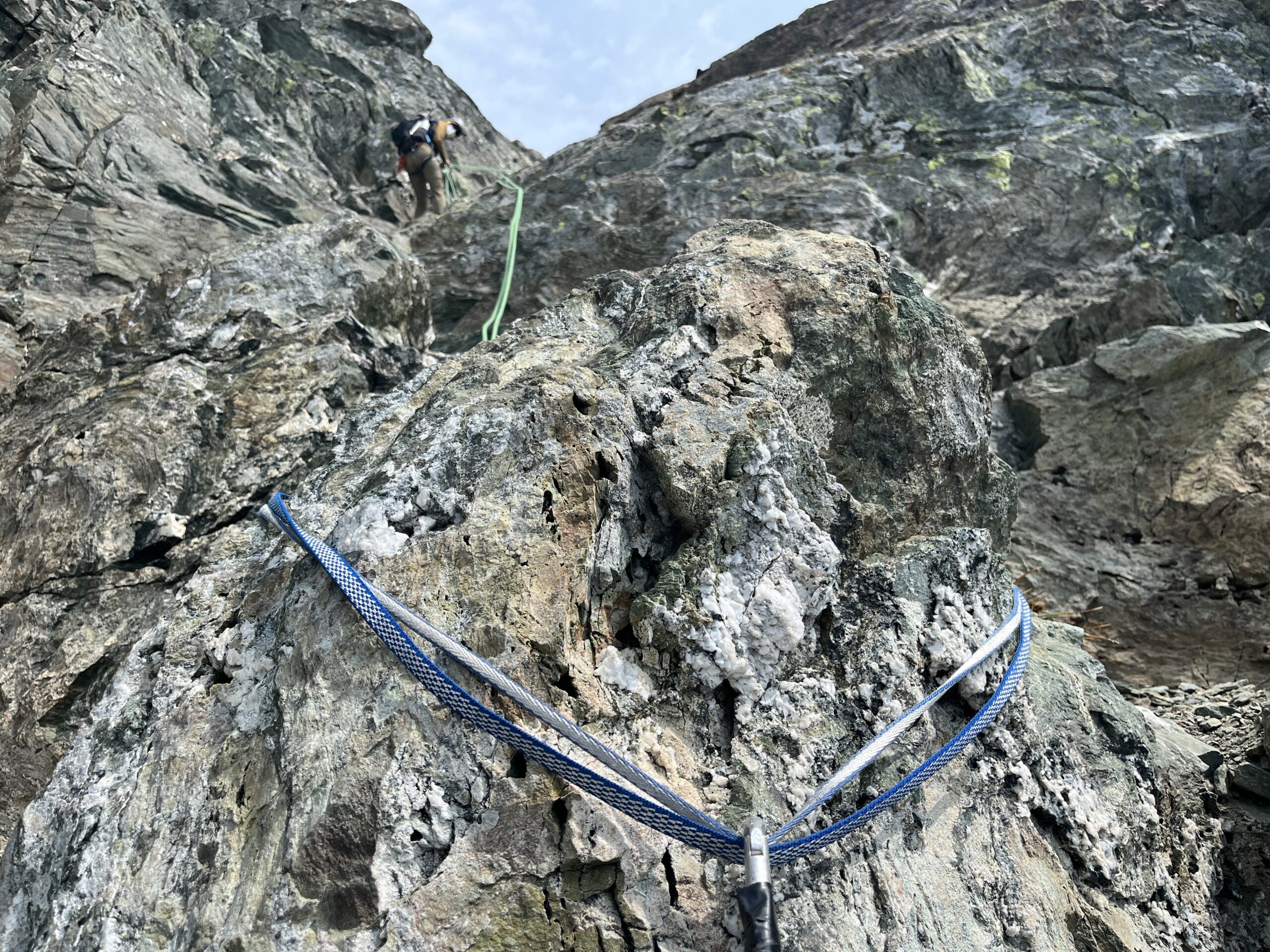 Second rappel station off the Mount Shuksan summit in the North Cascades