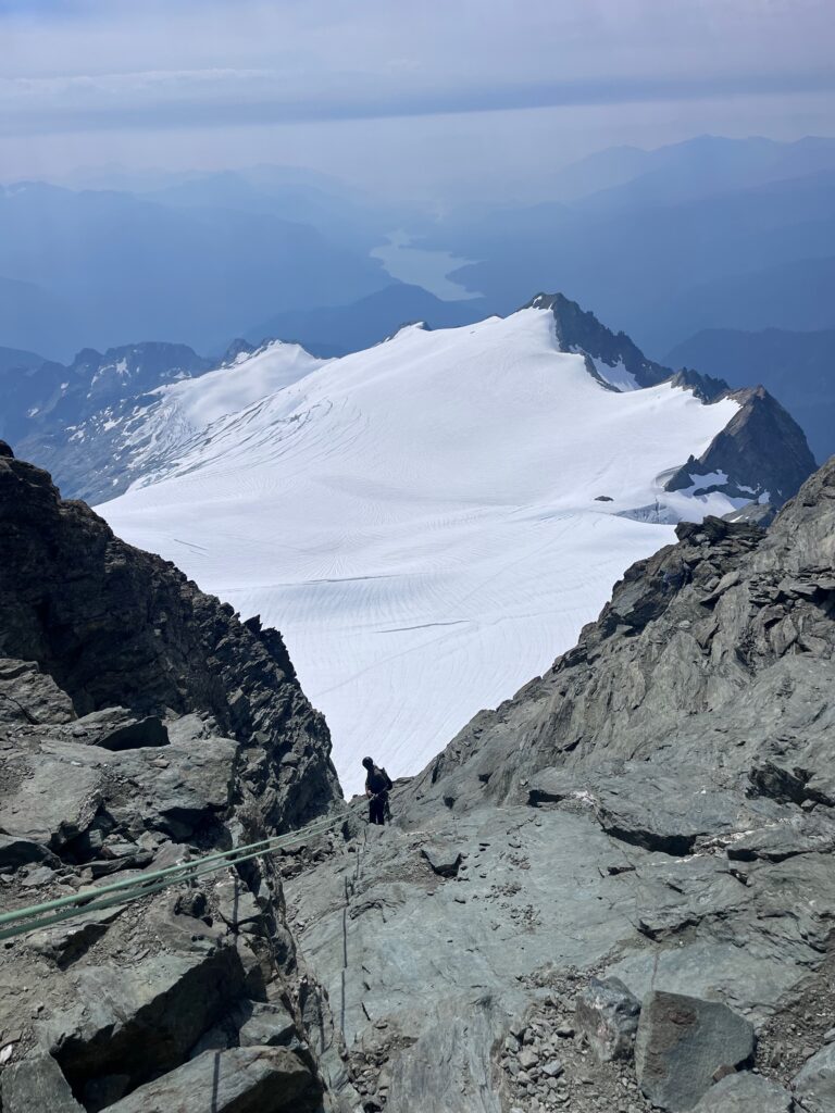 Jeff on the second rappel off of the summit of Mount Shuksan