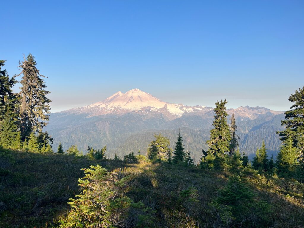 View of Mt. Baker from Shannon Ridge while climbing Mount Shuksan in North Cascades National Park