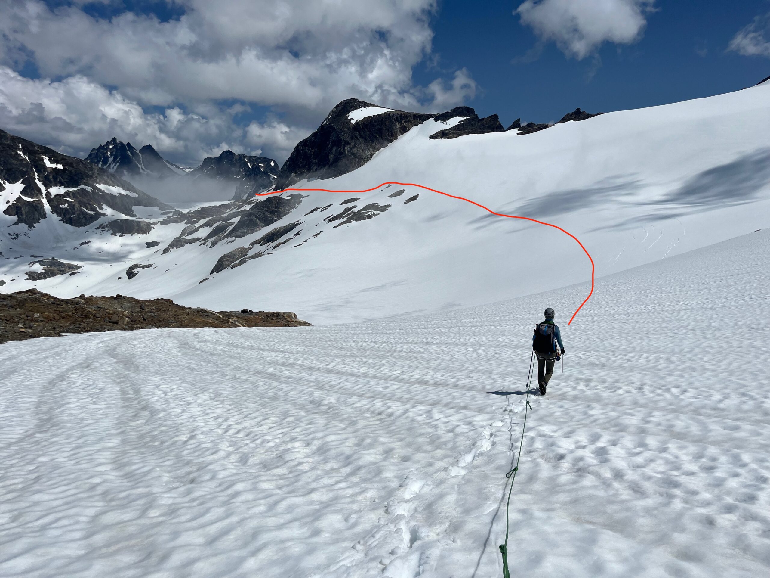 Carolyn mountaineering on the Suiattle Glacier in the Glacier Peak Wilderness