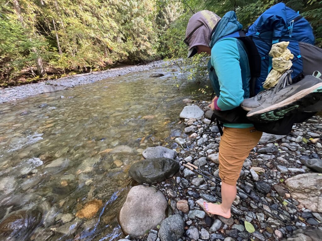 Carolyn crossing Canyon Creek on the trail up to Crater Peak in North Cascades of Washington State