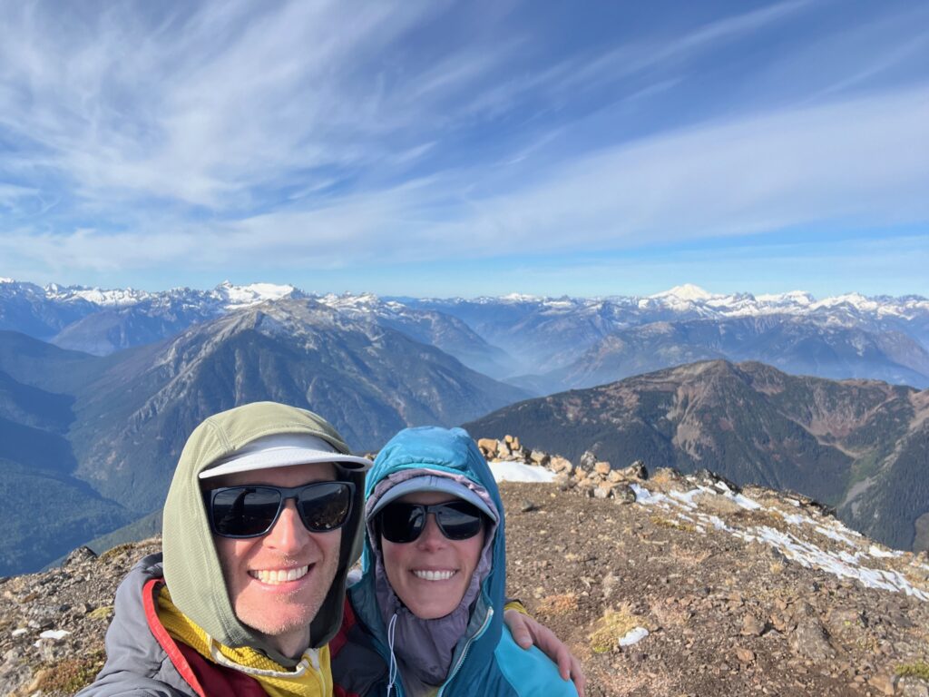 Jeff and Carolyn on the summit of Crater Peak in the North Cascades in Washington state