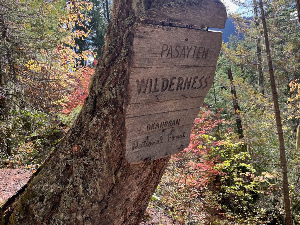 A picture of the Pasayten Wilderness boundary sign in North Cascades of Washington state