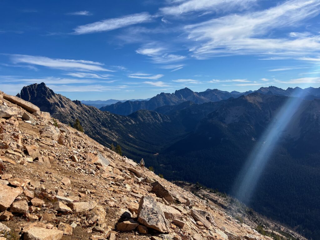 Carolyn hiking up Mount Hardy in the North Cascades of Washington State