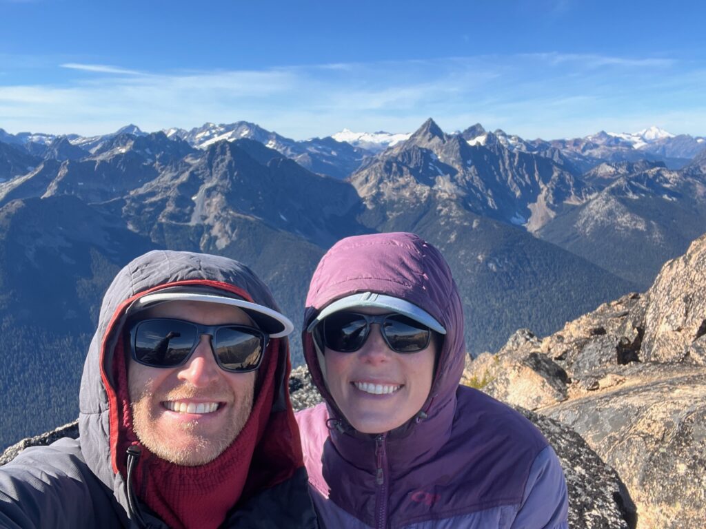 Jeff and Carolyn selfie on the summit of Mount Hardy in North Cascades of Washington State